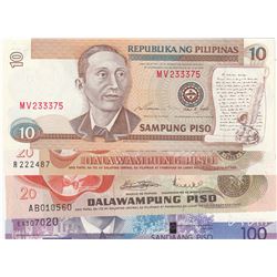 Philippines, 10 Piso, 20 Piso (2) and 100 Piso, 1969/2010, UNC, p145b, p150, p169, p208, (Total 4 ba