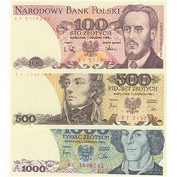 Poland, 100 Zlotych, 500 Zlotych and 1.000 Zlotych, 1982/1988, UNC, p143, p145, p146, (Total 3 bankn