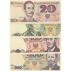 Polond, 20 Zlotych, 50 Zlotych, 100 Zlotych and 200 Zlotych, 1982/1988, UNC, p148, p142, p143, p144,