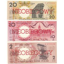 Poland, 2 Zlote, 10 Zlotych and 20 Zlotych, 1990, UNC, p165, p167, p168, SPECIMEN, (Total  3 banknot