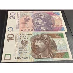 Poland, 10 zlotych and 20 Zlotych, 2012, UNC, p183, p184, (Total 2 banknotes)br/serial numbers: AA 0