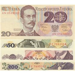 Poland 20 Zlotych, 50 Zlotych, 100 Zlotych and 200 Zlotych, 1982/1988, AUNC / UNC, (Total 4 banknote