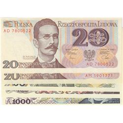 Poland, 20 Zlotych (2), 50 Zlotych, 100 Zlotych and 1000 Zlotych, 1982/1988, UNC, (Total 5 banknotes