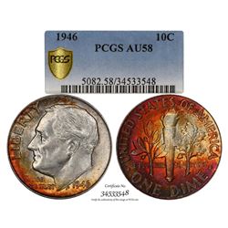 1946 Roosevelt Dime Coin PCGS AU58 Amazing Toning