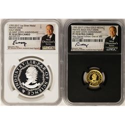 1792-2017 Half Disme 1/10 oz. Gold & 1oz. Silver Medals NGC PF70 W/ Moy Signature Set