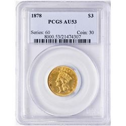 1878 $3 Indian Princess Head Gold Coin PCGS AU53