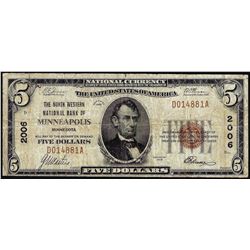 1929 $5 North Western NB of Minneapolis, MN CH# 2006 National Currency Note