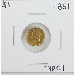 1851 Type 1 $1 Liberty Head Gold Dollar Coin with Hole