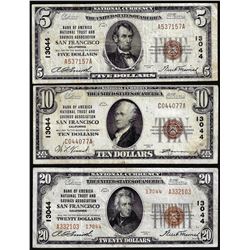 Set of 1929 $5/$10/$20 BofA San Francisco, CA CH# 13044 National Currency Notes