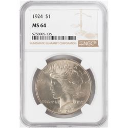 1924 $1 Peace Silver Dollar Coin NGC MS64