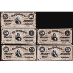 Lot of (5) Consecutive 1864 $50 Confederate States of America Notes