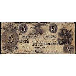 1838 $5 Mineral Point Bank Wisconsin Obsolete Note