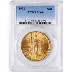 1922 $20 St. Gaudens Double Eagle Gold Coin PCGS MS64