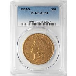 1869-S $20 Liberty Head Double Eagle Gold Coin PCGS AU50