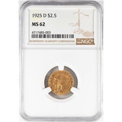 1925-D $2 1/2 Indian Head Quarter Eagle Gold Coin NGC MS62