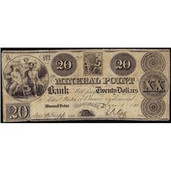 1838 $20 Mineral Point Bank Wisconsin Obsolete Note