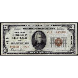 1929 $20 Central United NB of Cleveland, OH CH# 4318 National Currency Note