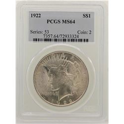 1922 $1 Peace Silver Dollar Coin PCGS MS64