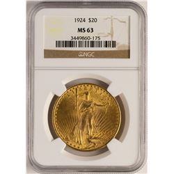 1924 $20 St. Gaudens Double Eagle Gold Coin NGC MS63