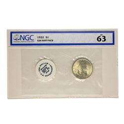 1922 $1 Peace Silver Dollar Coin GSA Soft Pack NGC MS63