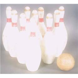 VINTAGE PAINTED WOOD LAWN  BOWLING PINS WITH BALL