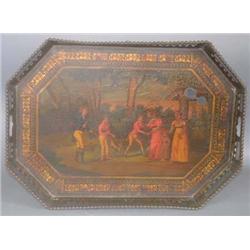 EARLY NEW ENGLAND PAINTED  TRAY with colonial sce