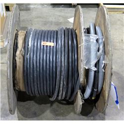 Wood Reels of Black Cable & Gray Ribbed Conduit