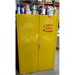 Metal Yellow 2-Door Cabinet w/ 3 Shelves & Contents - Paint, Thinner, Bug Spray, etc 43” x 18”D x 65