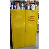 Image 1 : Metal Yellow 2-Door Cabinet w/ 3 Shelves & Contents - Paint, Thinner, Bug Spray, etc 43” x 18”D x 65