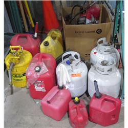 Qty 7 Gas Cans - 2 Metal & 5 Red Plastic & 2 Propane Tanks