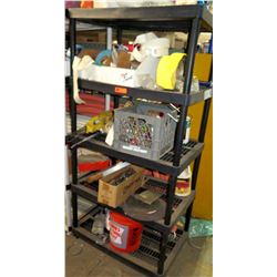 4 Tier Plastic Shelf w/ Contents - Misc Tools, Fittings, Nylon Strap, etc