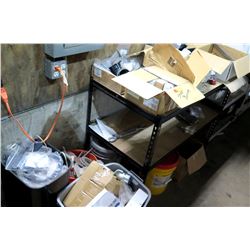 2 Tier Metal Shelf & Bins w/ Contents - Connectors, Nuts & Bolts, Saw Blades, etc