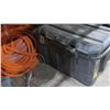 Image 13 : Contents of Shelving: Wheelbarrow, Rebar, Hose, Tarps, Black Storage Cases w/ Wheels, etc.
