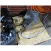 Image 14 : Contents of Shelving: Wheelbarrow, Rebar, Hose, Tarps, Black Storage Cases w/ Wheels, etc.