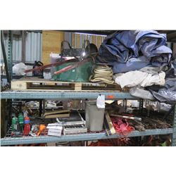 Contents of Shelving: Wheelbarrow, Rebar, Hose, Tarps, Black Storage Cases w/ Wheels, etc.