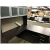 Image 2 : DARK WOOD 6'  X 6' LEFT HAND EXECUTIVE DESK WITH GLASS FRONT HUTCH