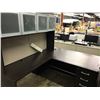 Image 2 : DARK WOOD 6'  X 6' LEFT HAND EXECUTIVE DESK WITH GLASS FRONT HUTCH