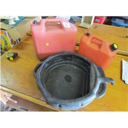 LOT INCLUDING 2 GAS CANS AND AN OIL CATCH PAN