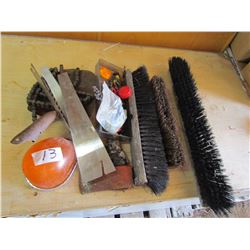 LOT INCLUDING, BROOMS, AXE HEAD, ETC...