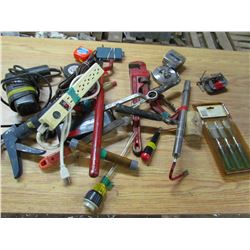 TUB LOT INCLUDING A TAPE MEASURE, FILES, CLAMPS, PIPE WRENCH AND HAMMER
