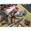 Image 2 : TUB LOT INCLUDING A TAPE MEASURE, FILES, CLAMPS, PIPE WRENCH AND HAMMER