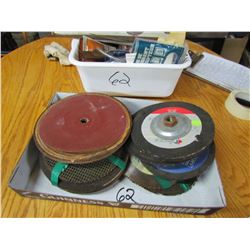 TUB OF SAW BLADES AND GRINDER WHEELS