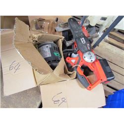 LOT INCLUDING AN A/C MOTOR, CORDLESS BLACK AND DECKER CHAIN SAW, TOOL BELT, HAND SAW AND 2 SPRINKLER