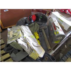 LOT OF GLOVES, DUFFLE BAG, LUNCH KIT, TOOLS AND SAW BLADE