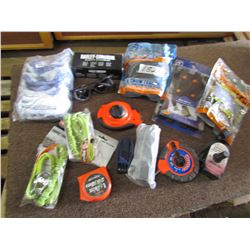 LOT OF SAFETY GLASSES, TAPE MEASURE, ICE CLEATS, ETC…