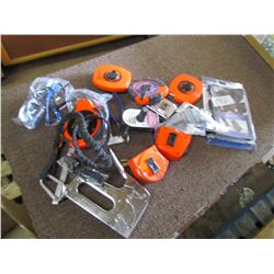 LOT OF SAFETY GLASSES, TAPE MEASURE, ICE CLEATS, ETC…