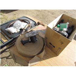 LOT OF BURLAP ROLLS, OILS, FAN, HEATER, ETC…