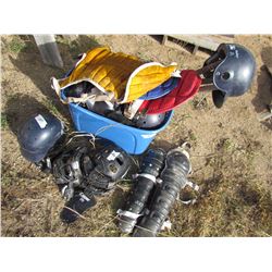 LOT OF BASEBALL HELMETS, BATS, BALLS, GLOVES, ETC…