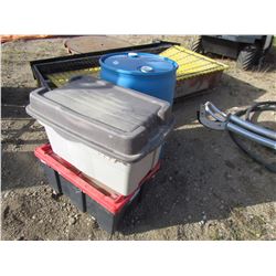 RAIN BARREL AND 2 PLASTIC TUBS