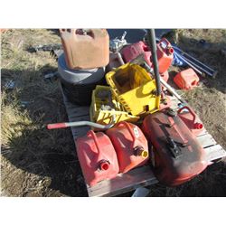 LOT OF 11 GAS CANS AND 2 MOP SQUEEGIES